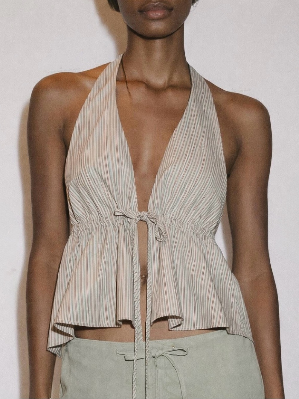 Zara Striped Peplum Tie-Front Poplin Halter Top Gray Brown Green Women’s Medium